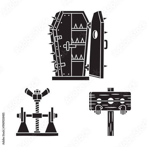 Medieval Torture Device Icons Iron Maiden Thumbscrew Pillory Silhouette Vector