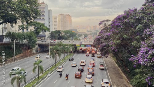 Highway traffic in the center of Sao Paulo, Brazil. During the sunset. March 26, 2026.