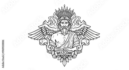 Intricate Mythological Winged Deity Illustration with Regal Beard and Ornate Crown in Vintage Engraving Style