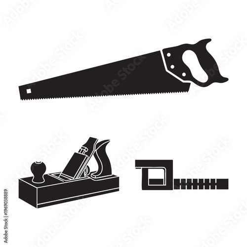 Carpenter Woodworker Profession Icons Saw Plane Square Silhouette Vector