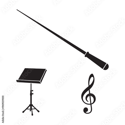 Conductor Musician Profession Icons Baton Music Stand Clef Silhouette Vector