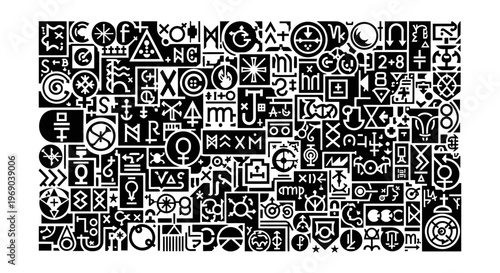 Abstract vector pattern of mystical symbols, esoteric glyphs, and occult signs. Black and white sacred geometry texture background.