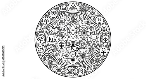 Intricate Esoteric Mandala with Ancient Occult Symbols, Alchemical Glyphs, Mystic Spiritual Elements, and Sacred Geometry