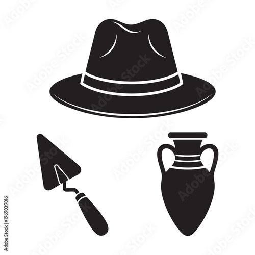 Archaeologist Profession Icons Fedora Trowel Amphora Silhouette Vector