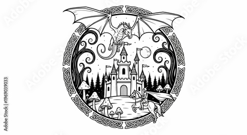 Enchanted fantasy kingdom illustration: Majestic castle, flying dragon, brave knight on horseback, and mystical forest in a Celtic frame.