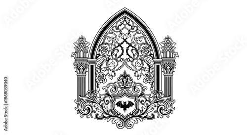 Elegant Gothic Arch Vector Illustration with Ornate Scrollwork, Columns, and Bat Emblem, Vintage Victorian Style Design