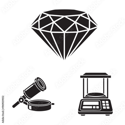 Jeweler Goldsmith Profession Icons Diamond Loupe Scale Silhouette Vector