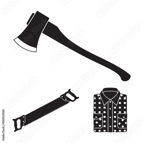 Lumberjack Profession Icons Axe Crosscut Saw Flannel Silhouette Vector
