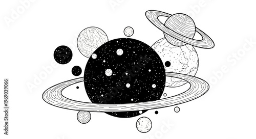 Monochrome hand-drawn space illustration with planets, celestial bodies, and rings. Abstract cosmic universe sketch.