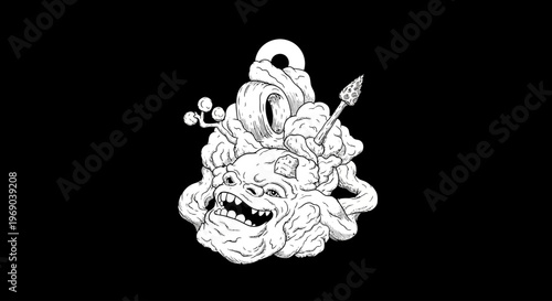 Grotesque fantasy monster illustration with a toothy grin, black and white drawing style, isolated on a dark background
