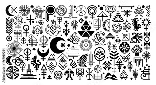Abstract geometric vector symbols, mystical minimalist line art icons, sacred esoteric design elements, and tribal ornaments collection.