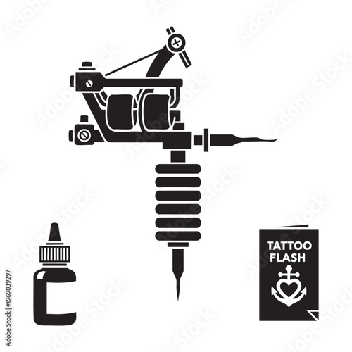 Tattoo Artist Profession Icons Machine Ink Bottle Flash Art Silhouette Vector