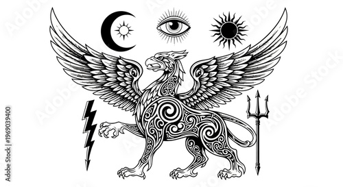 Detailed Griffin Illustration with Occult, Celestial, and Spiritual Symbols. Mythological Fantasy Creature Vector Art.