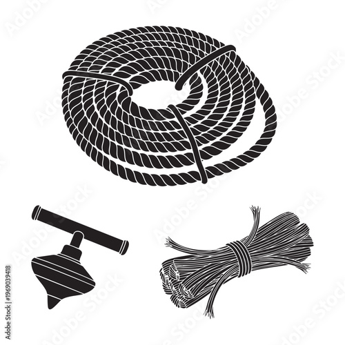 Rope Maker Profession Icons Coiled Rope Spinning Hook Fiber Bundle Silhouette Vector