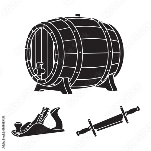 Cooper Barrel Maker Profession Icons Barrel Croze Drawknife Silhouette Vector