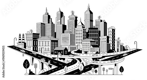 Monochrome Urban Cityscape Illustration with Modern Buildings and Complex Highway Road Interchanges and Transport Infrastructure