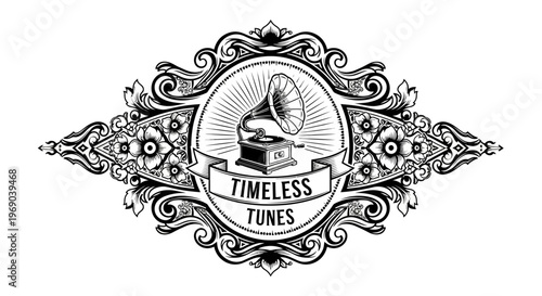Elegant vintage gramophone in ornate black and white decorative frame. Retro music player emblem with classic scrollwork design.