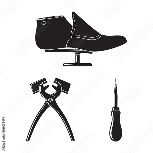 Cobbler Shoemaker Profession Icons Shoe Last Lasting Pliers Awl Silhouette Vector