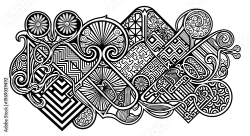 Intricate black and white abstract illustration with complex geometric patterns, ornate swirls, and decorative elements, perfect for design.