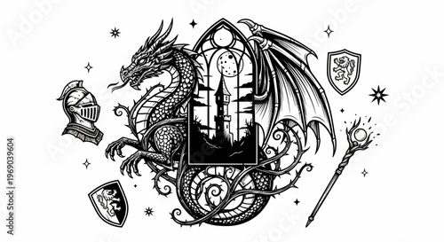 Detailed fantasy dragon with medieval armor, gothic castle window, magic staff, and heraldry. Mythical creature vector illustration.