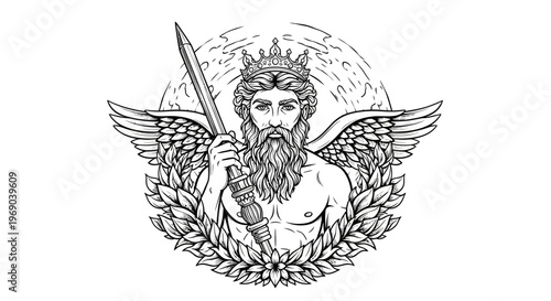 Ancient mythological figure, bearded god king with wings, crown, and spear. Vintage engraving style illustration with laurel wreath.