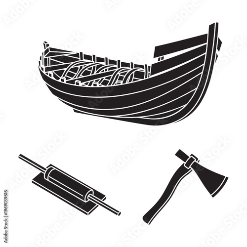 Boat Builder Profession Icons Hull Frame Caulking Iron Adze Silhouette Vector