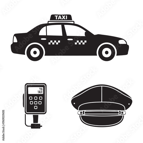 Taxi Driver Profession Icons Cab Meter Cap Silhouette Vector Set