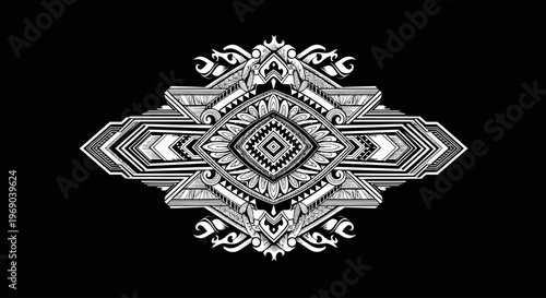 Intricate symmetrical black and white ornamental design. Decorative geometric pattern with abstract motifs for graphic backdrops and textiles.