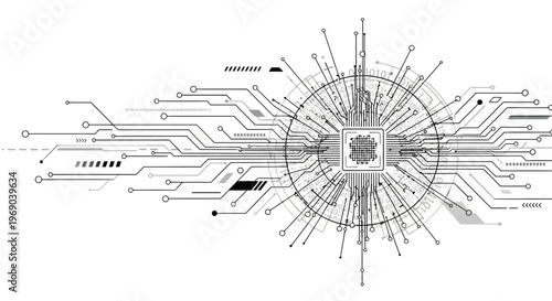 Abstract digital technology background with circuit board pattern and central processing unit (CPU) concept for artificial intelligence and data.