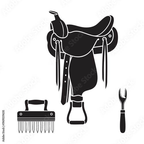Saddler Profession Icons Saddle Pricking Iron Edge Beveler Silhouette Vector