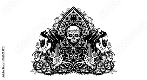 Intricate Gothic Skull with Crown, Winged Guardians, and Thorny Roses. Dark Fantasy Monochrome Ornate Vector Illustration.