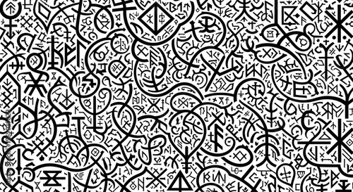 Abstract mystical symbols seamless pattern. Esoteric magic background with hand-drawn ancient glyphs and runic sigils. Spiritual texture.