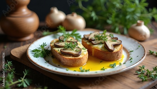 Two open faced toasted bread slices topped with melted cheese and fresh mushroom slices, garnished with green herbs. Served on a light blue plate with yellow liquid, perfect appetizer or light meal.