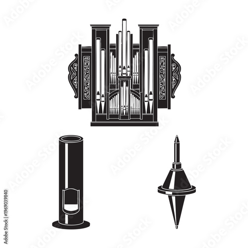 Organ Builder Profession Icons Pipe Organ Facade Single Pipe Tuning Cone Silhouette Vector