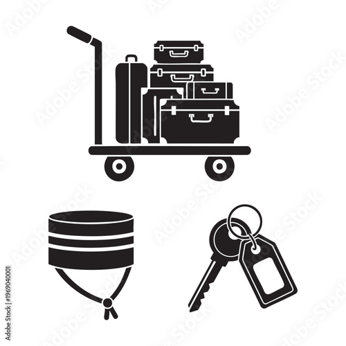 Bellhop Porter Profession Icons Luggage Trolley Pillbox Hat Room Key Silhouette Vector