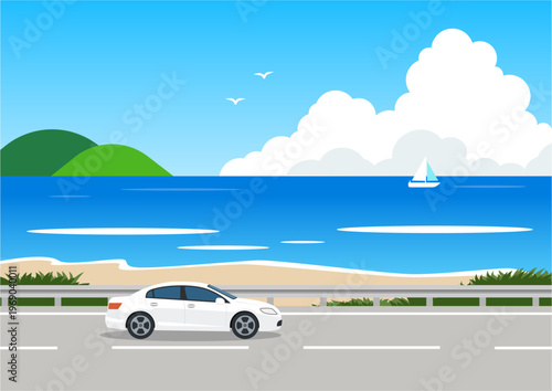 Flat vector illustration of a white sedan car driving on a coastal road by the sea with mountains, clouds, and a sailboat