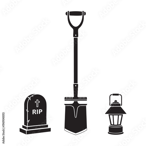 Photography Gravedigger Profession Icons Spade Tombstone Dark Lantern Silhouette Vector