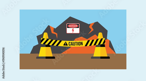 Flat vector of a warning tape and yellow hazard pylons blocking off a dangerous area