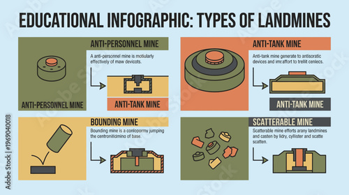 Educational infographic elements showing different types of landmines in a flat technical vector style