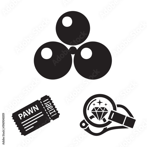 Pawnbroker Profession Icons Triple Ball Sign Pawn Ticket Loupe Silhouette Vector