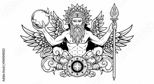 Powerful Mythological Winged God Illustration with Orb and Spear, Ancient Deity, Celestial Ruler, Fantasy Line Art