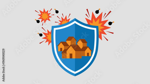 Abstract vector design showing a shield protecting a small village from explosive icons