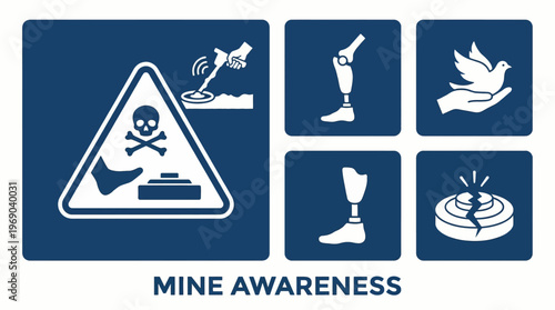 Minimalist icon set for Mine Awareness Day including signs, detectors, and prosthetic symbols