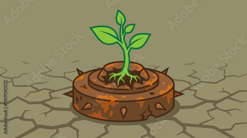 Conceptual illustration of a seedling growing out of an old rusted landmine casing