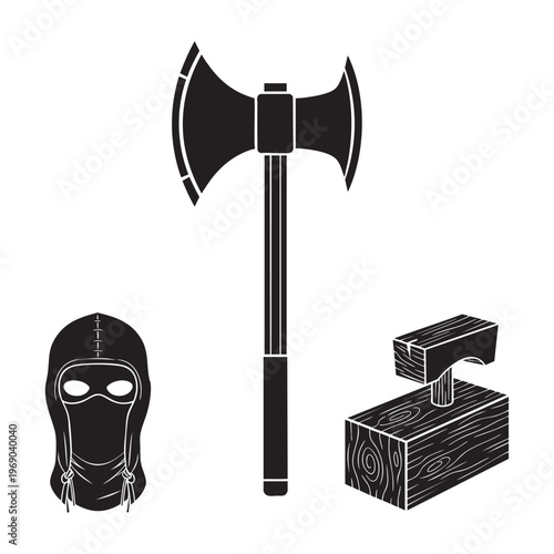 Executioner Profession Icons Axe Hood Chopping Block Silhouette Vector Set