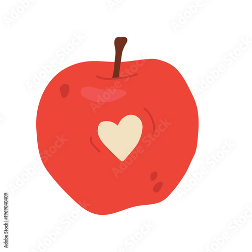 vector red apple and heart. Fresh whole apple fruit isolated on light background. Vector illustration for healthy food, greengrocer or grocery design.