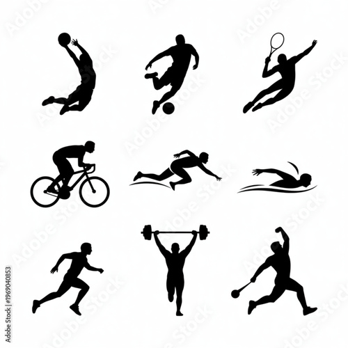 Black silhouettes of athletes performing various sports on white background for fitness and sports concepts