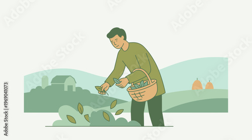 A person gathering leaves into a basket in a rural farm setting
