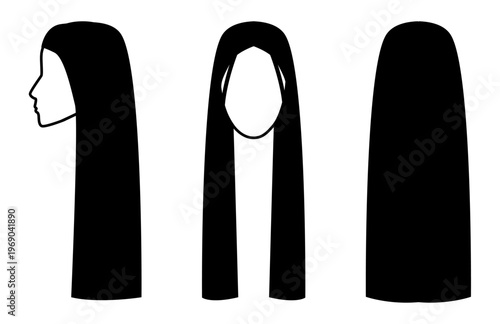 One Length Long hairstyle silhouette front profile back view, straight long hair structure clean outline for icon, avatar, logo, minimal beauty graphics, fashion illustration, hairstyle reference 