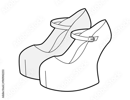 Platform Mary Jane women sketch pair. Strap round toe dress footwear for party, cosplay, retro outfit. Technical fashion illustration, CAD mockup, detailed vector men unisex isolated playful style.